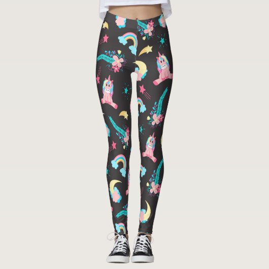Niedlich Pink Black Unicoron Rainbow Floral Stars Leggings (Vorderseite)