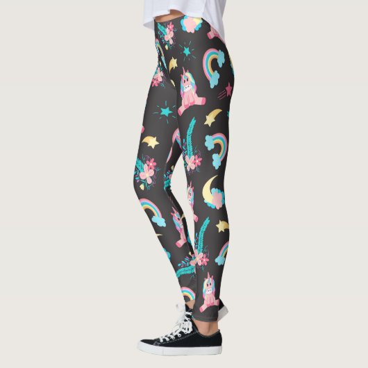 Niedlich Pink Black Unicoron Rainbow Floral Stars Leggings (Links)