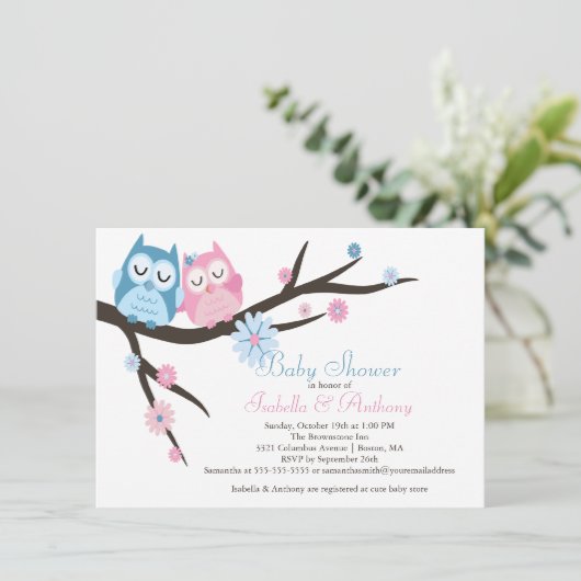 Niedlich Pink & Blau in Liebe Owl Coupé Kinderdusc Einladung (Stehend Vorderseite)