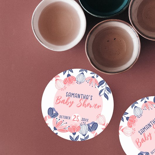 Niedlich Pink Blue Flowers Botanical Baby Dusche Runder Pappuntersetzer