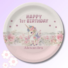 Niedlich Pink Blume Girl Unicorn 1. Geburtstag Pappteller