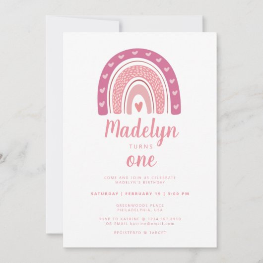 Niedlich Pink Boho Rainbow Einladung (Vorderseite)