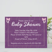 Niedlich Pink Bow Baby Girl Dusche Lila Einladung (Stehend Vorderseite)