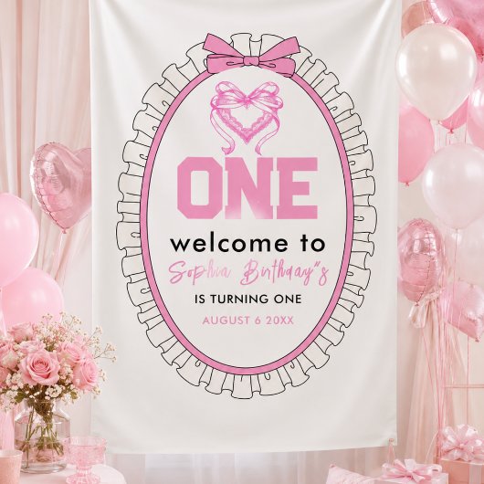 Niedlich Pink Bow Coquette 1. Geburtstag Banner