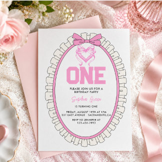 Niedlich Pink Bow Coquette 1. Geburtstag Einladung