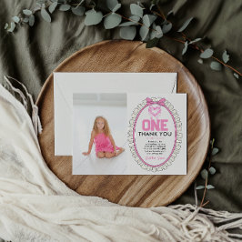 Niedlich Pink Bow Coquette 1. Geburtstag Foto Dankeskarte