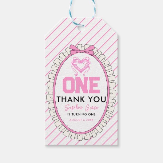 Niedlich Pink Bow Coquette 1. Geburtstag Geschenkanhänger (Vorderseite)