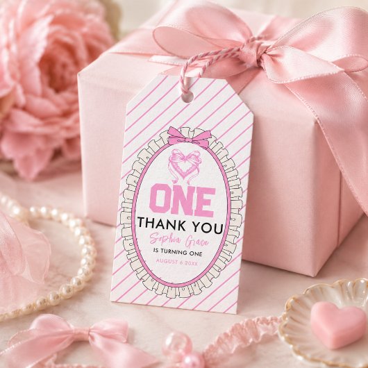 Niedlich Pink Bow Coquette 1. Geburtstag Geschenkanhänger