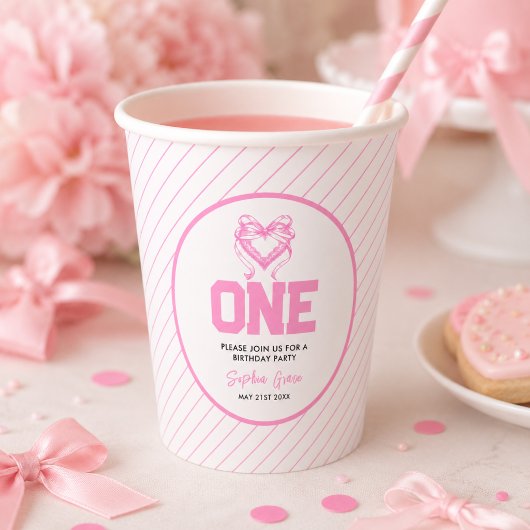 Niedlich Pink Bow Coquette 1. Geburtstag Pappbecher
