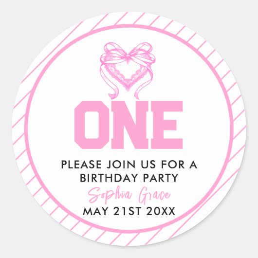 Niedlich Pink Bow Coquette 1. Geburtstag Runder Aufkleber (Vorderseite)