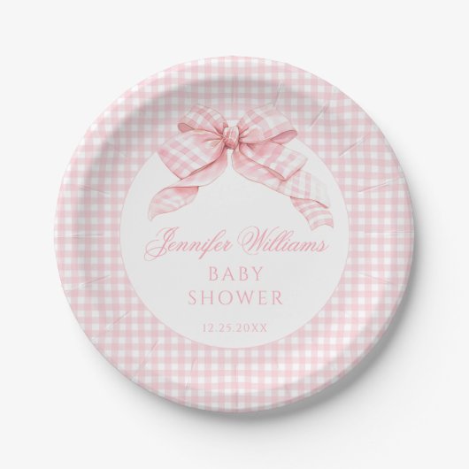 Niedlich Pink Bow Gingham Baby Girl Dusche Pappteller (Vorderseite)