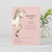 Niedlich Pink & Brown Wasserfarbe Pony Babydusche Einladung (Stehend Vorderseite)
