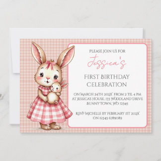 Niedlich Pink Bunny 1. Geburtstag Party Einladung