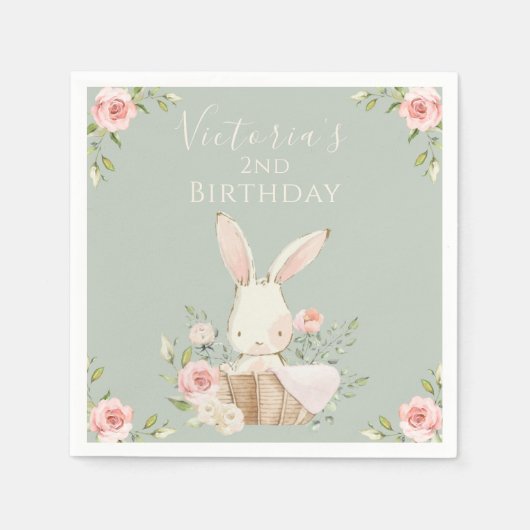 Niedlich Pink Bunny 2 Two Second Birday Green Serviette (Vorderseite)