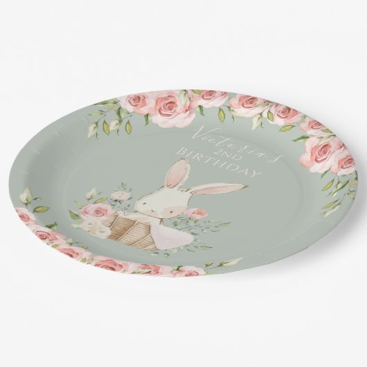 Niedlich Pink Bunny 2 Two Two Second Green Birday Pappteller (Schrägansicht)