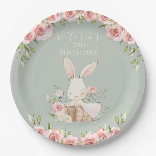 Niedlich Pink Bunny 2 Two Two Second Green Birday Pappteller (Vorderseite)