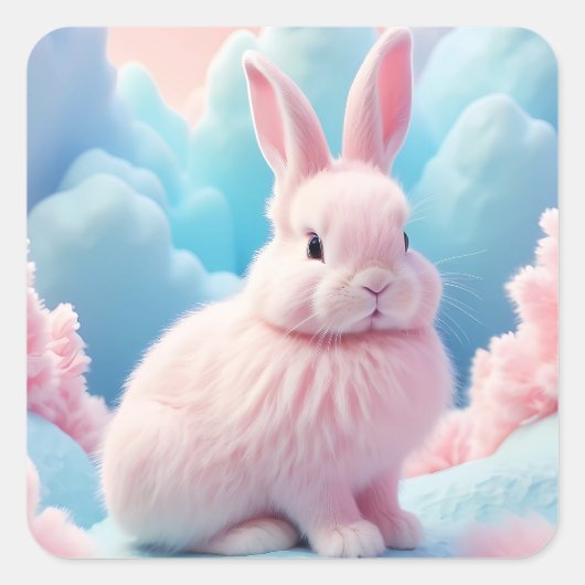 Niedlich Pink Bunny Cotton Candy Clouds Quadratischer Aufkleber (Vorderseite)