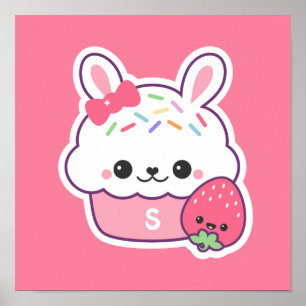 Niedlich Pink Bunny Cupcake Monogramm Poster