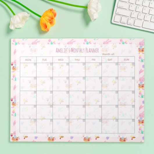 Niedlich Pink Bunny Floral Muster Monthly Planet Notizblock