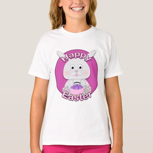 Niedlich Pink Bunny Girl mit Ostereier Körbchen T-Shirt (Vorderseite)