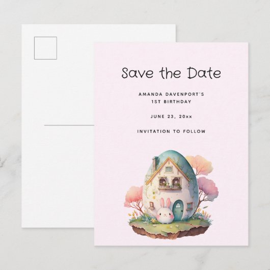 Niedlich Pink Bunny Rabbit Kawaii Style Save the D Einladungspostkarte (Vorne/Hinten)