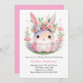 Niedlich Pink Bunny Wildblume Girl Babydusche Einladung (Vorne/Hinten)
