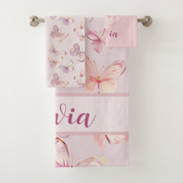 Niedlich Pink Butterfly Girls Personalisiert Handt Badhandtuch Set