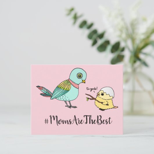 Niedlich Pink Cartoon Baby Bird Beste Mama Postkarte (Stehend Vorderseite)