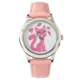 Niedlich Pink Cartoon Katze und Schmetterlinge Armbanduhr