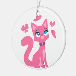Niedlich Pink Cartoon Katze und Schmetterlinge Keramikornament