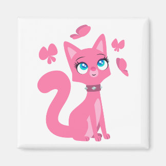 Niedlich Pink Cartoon Katze und Schmetterlinge Magnet