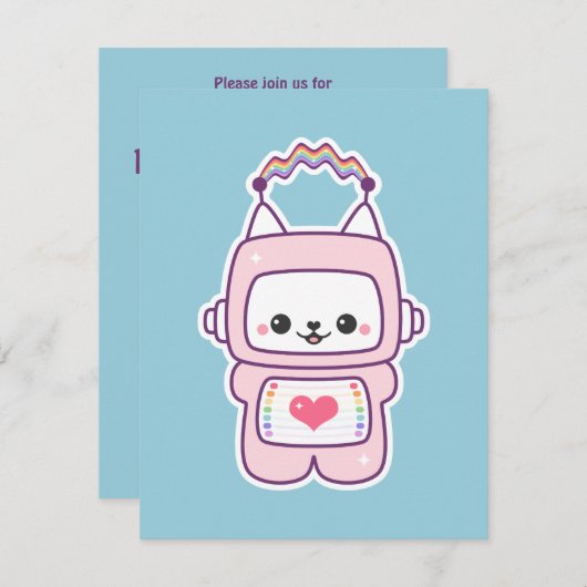 Niedlich Pink Cat Robot Geburtstagsparty Einladung (Vorne/Hinten)
