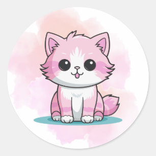 Niedlich Pink Cat Watercolor Cartoon Kitten Tier Runder Aufkleber