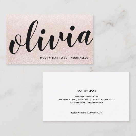 Niedlich Pink Champagne Glitzer Script Calligraphy Visitenkarte (Vorne/Hinten)