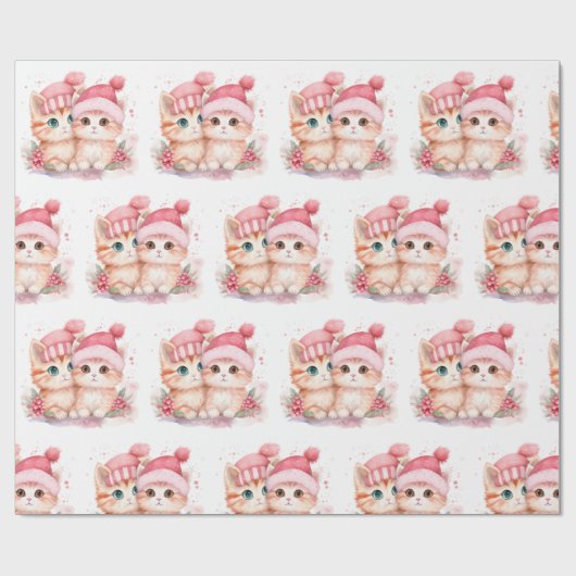 Niedlich Pink Christmas Cat Pattern Geschenkpapier (Flach)