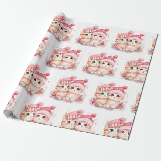 Niedlich Pink Christmas Cat Pattern Geschenkpapier (Ungerollt)