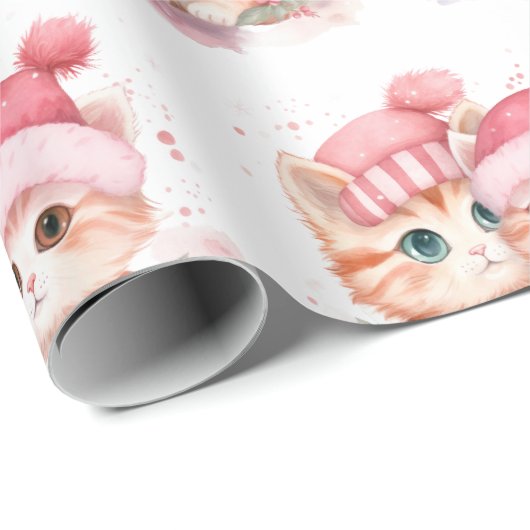Niedlich Pink Christmas Cat Pattern Geschenkpapier (Rolleneckpunkt)