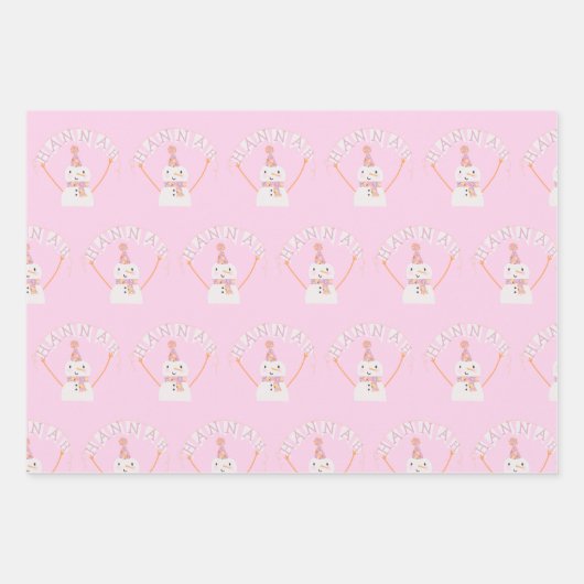 Niedlich Pink Christmas Snowman Kids Custom Geschenkpapier Set (Vorderseite)