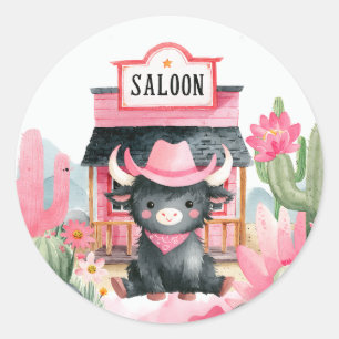 Niedlich Pink Cowgirl Highland Cow Watercolor West Runder Aufkleber