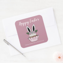 Niedlich Pink Cupcake Bunny Oars Happy Osterfeier Quadratischer Aufkleber