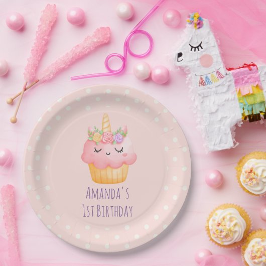 Niedlich Pink Cupcake Einhorn mit Rose Geburtstag Pappteller (Party)