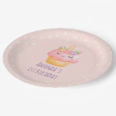 Niedlich Pink Cupcake Einhorn mit Rose Geburtstag Pappteller (Schrägansicht)