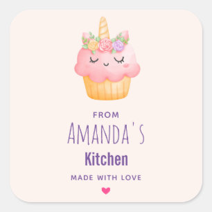 Niedlich Pink Cupcake Einhorn mit Rose Küche Quadratischer Aufkleber
