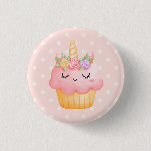 Niedlich Pink Cupcake Unicorn mit Rose Button (Vorderseite)