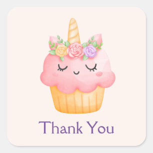Niedlich Pink Cupcake Unicorn mit Rose Danke Quadratischer Aufkleber