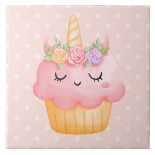Niedlich Pink Cupcake Unicorn mit Rose Fliese (Vorderseite)