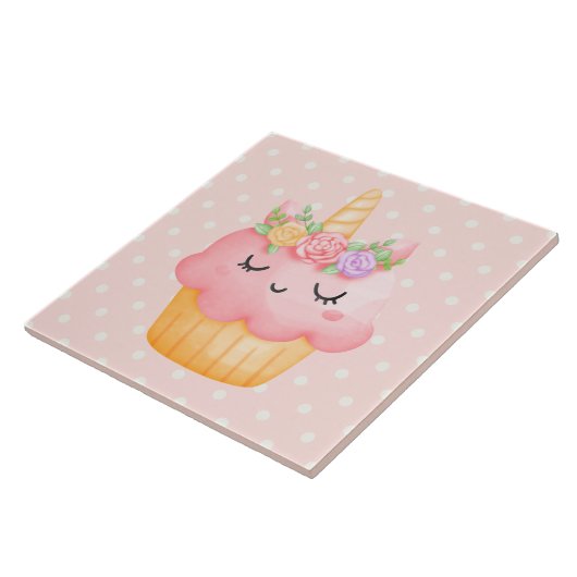 Niedlich Pink Cupcake Unicorn mit Rose Fliese (Seite)