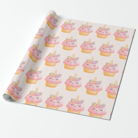 Niedlich Pink Cupcake Unicorn mit Rose Geschenkpapier (Ungerollt)