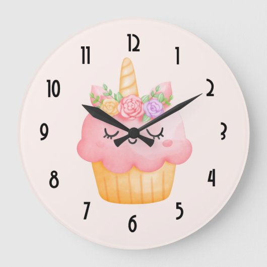 Niedlich Pink Cupcake Unicorn mit Rose Große Wanduhr (Vorderseite)