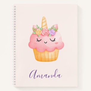 Niedlich Pink Cupcake Unicorn mit Rose Notizblock